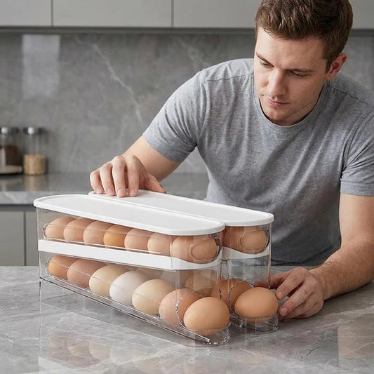 Automatic Rolling Bilayer Egg Storage Box Refrigerator Dispenser Organizer