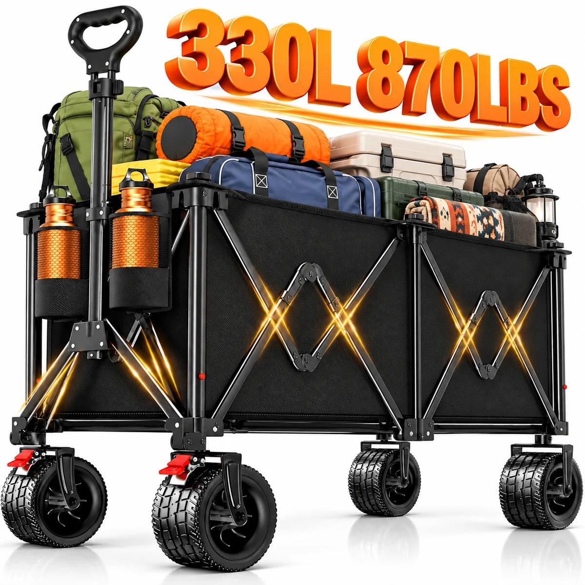 Heavy Duty Folding Wagon With Steel Frame And Wide Wheels