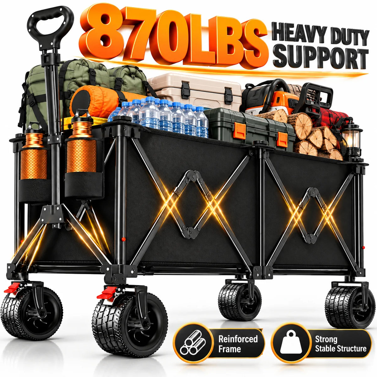 Heavy Duty Folding Wagon With Steel Frame And Wide Wheels