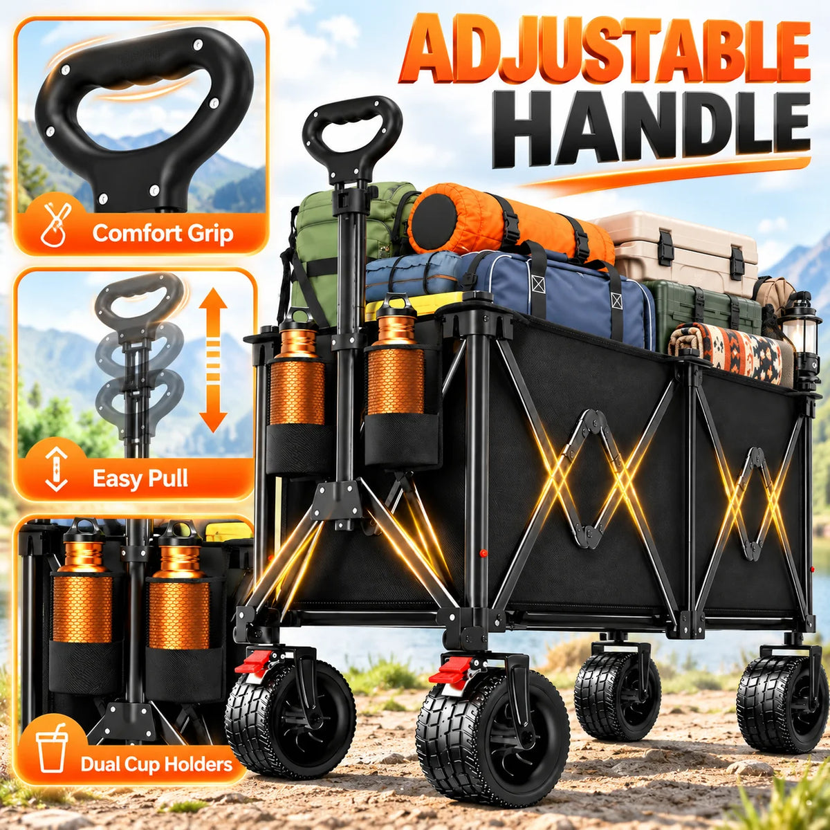 Heavy Duty Folding Wagon With Steel Frame And Wide Wheels