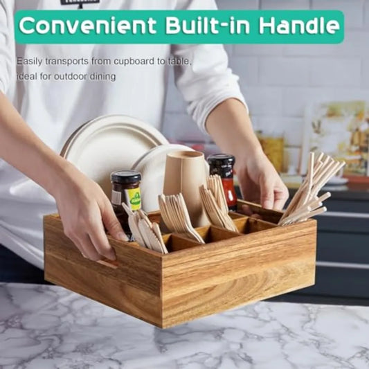 Six Compartment Wooden Utensil And Plate Holder Caddy