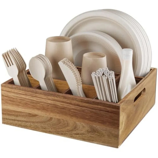 Six Compartment Wooden Utensil And Plate Holder Caddy