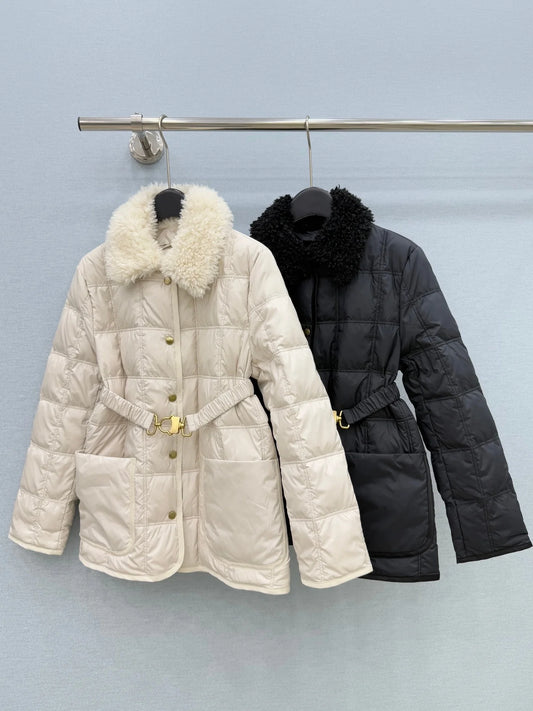 Women Winter Padded Coat With Furry Collar And Zipper Closure