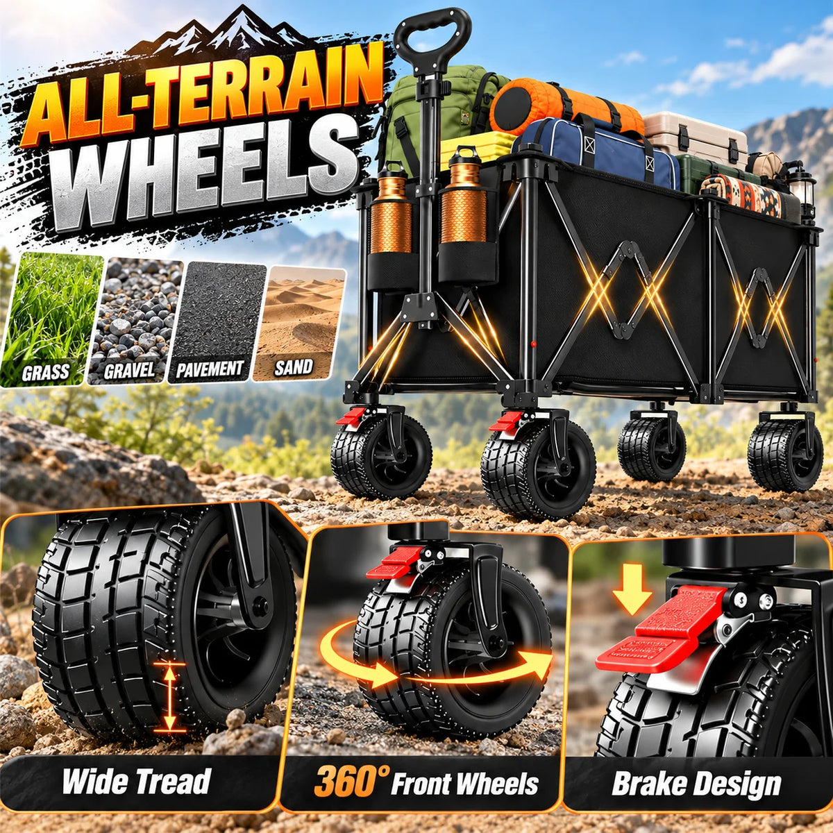 Heavy Duty Folding Wagon With Steel Frame And Wide Wheels