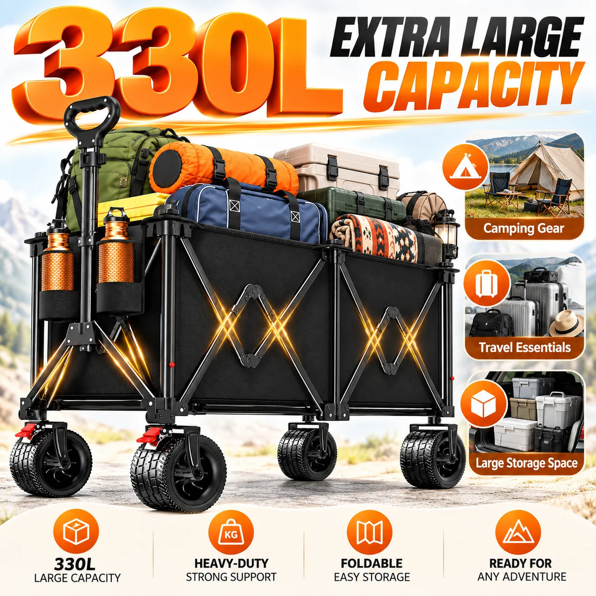 Heavy Duty Folding Wagon With Steel Frame And Wide Wheels