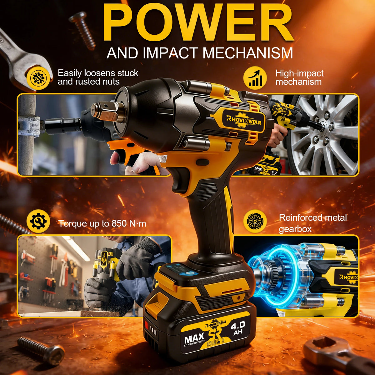 RhovixStar 20V Brushless Cordless Impact Wrench, 1/2-Inch Drive