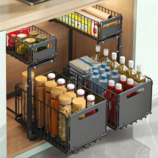DIAMRI Two Tier Under Sink Organizer With Sliding Drawer