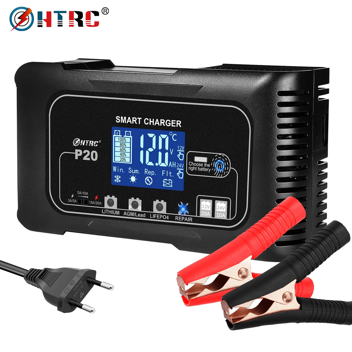 HTRC Automatic Car Battery Charger With Digital Display For Vehicles