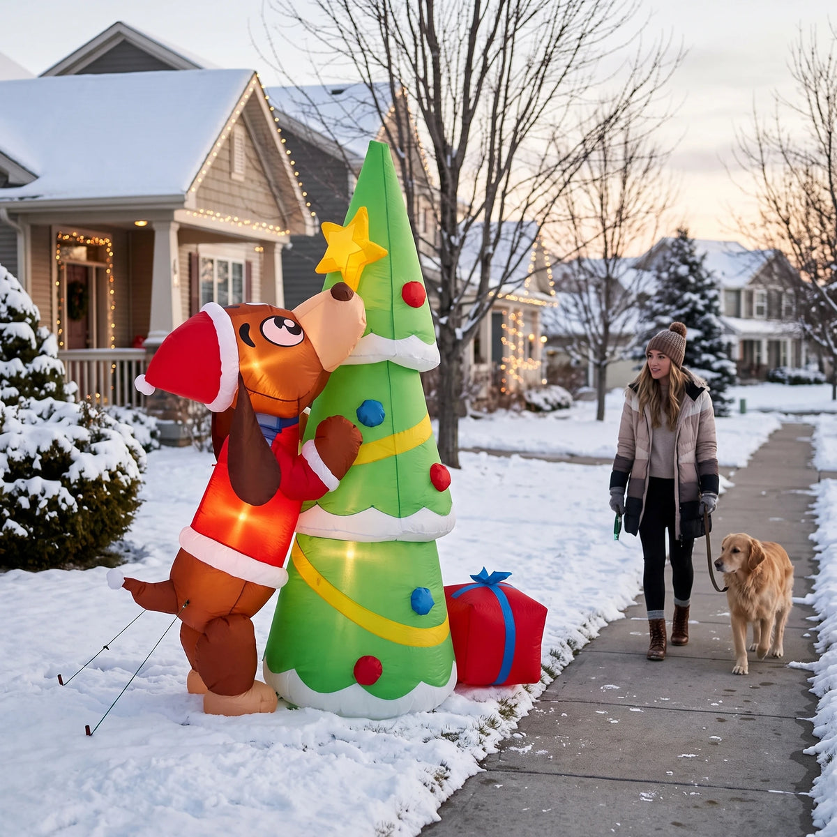 Inflatable Christmas Dog With Tree Led Lights Outdoor Yard Decoration