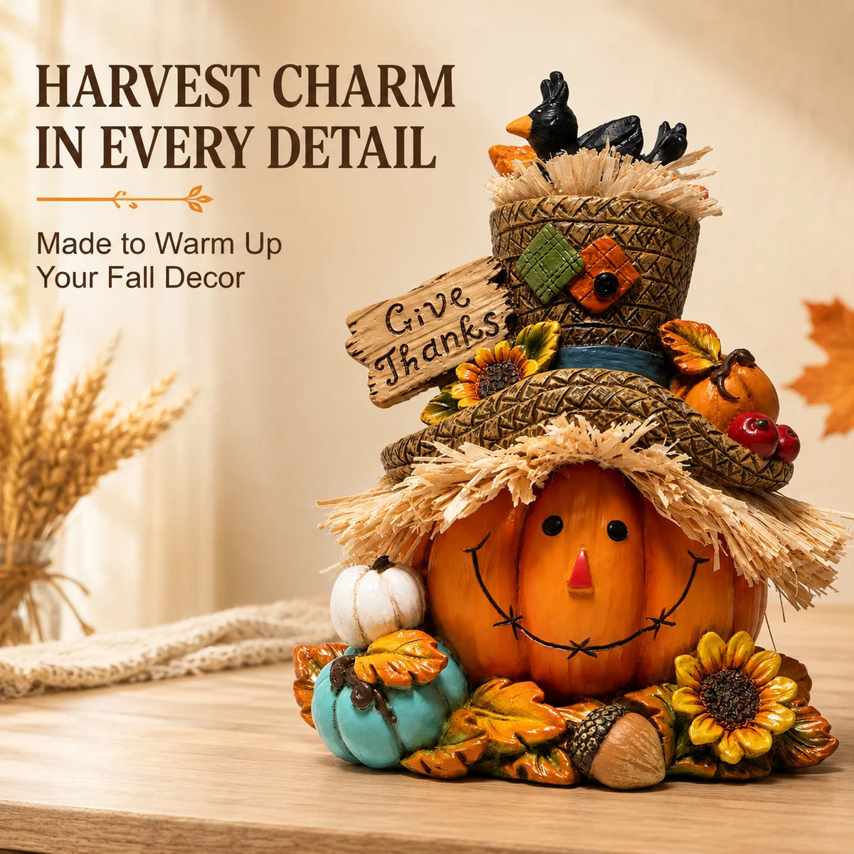 Hodao Resin Thanksgiving Scarecrow Figurine With Give Thanks Sign