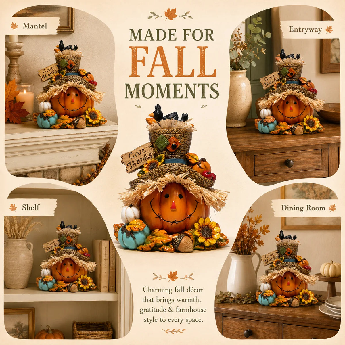 Hodao Resin Thanksgiving Scarecrow Figurine With Give Thanks Sign