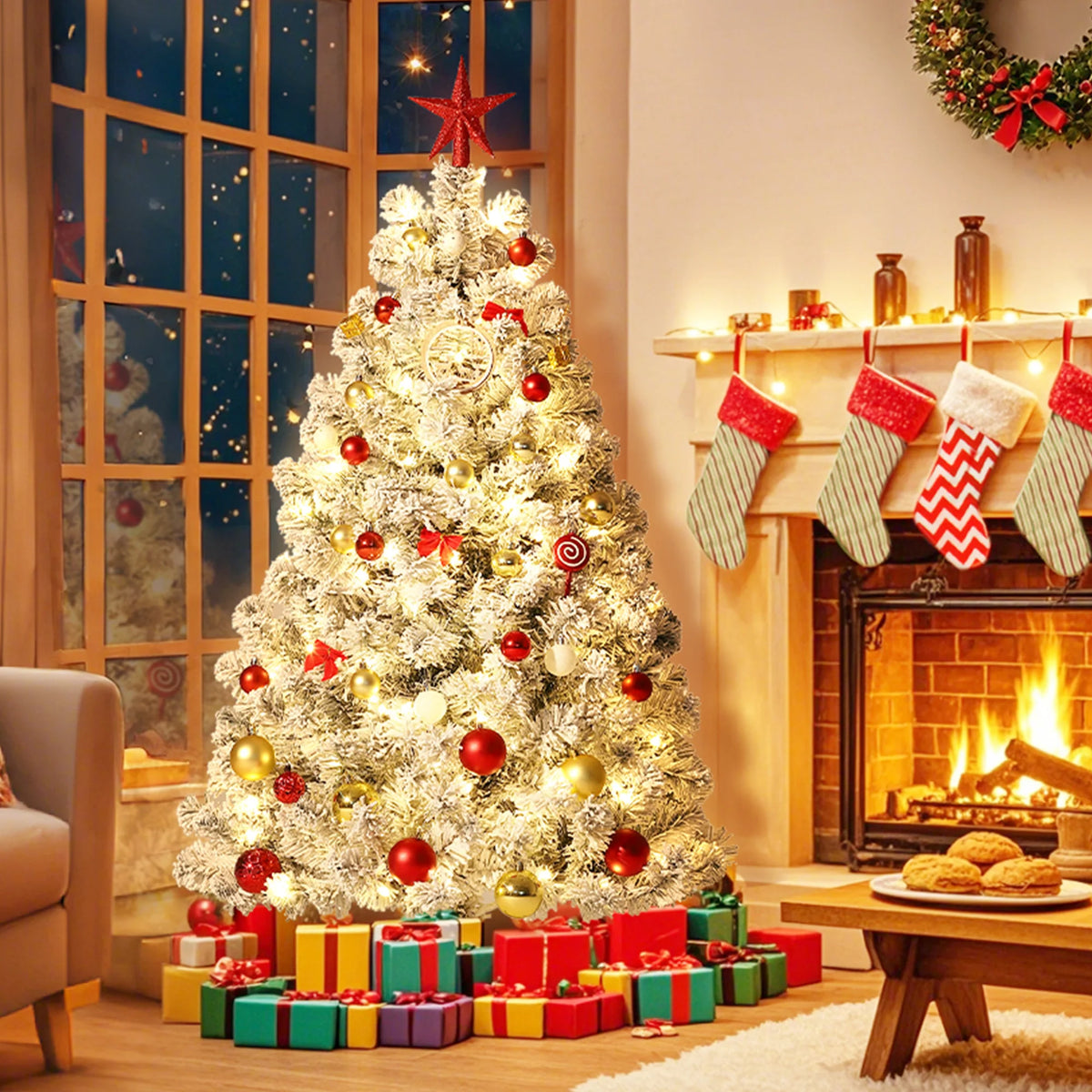 Garveelife Flocked Artificial Christmas Tree With Warm Lights
