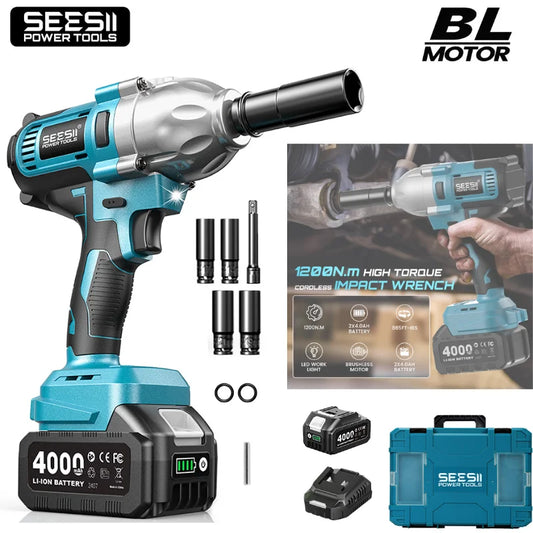 Seesii Brushless Cordless Impact Wrench 1200Nm Torque Led Light Battery