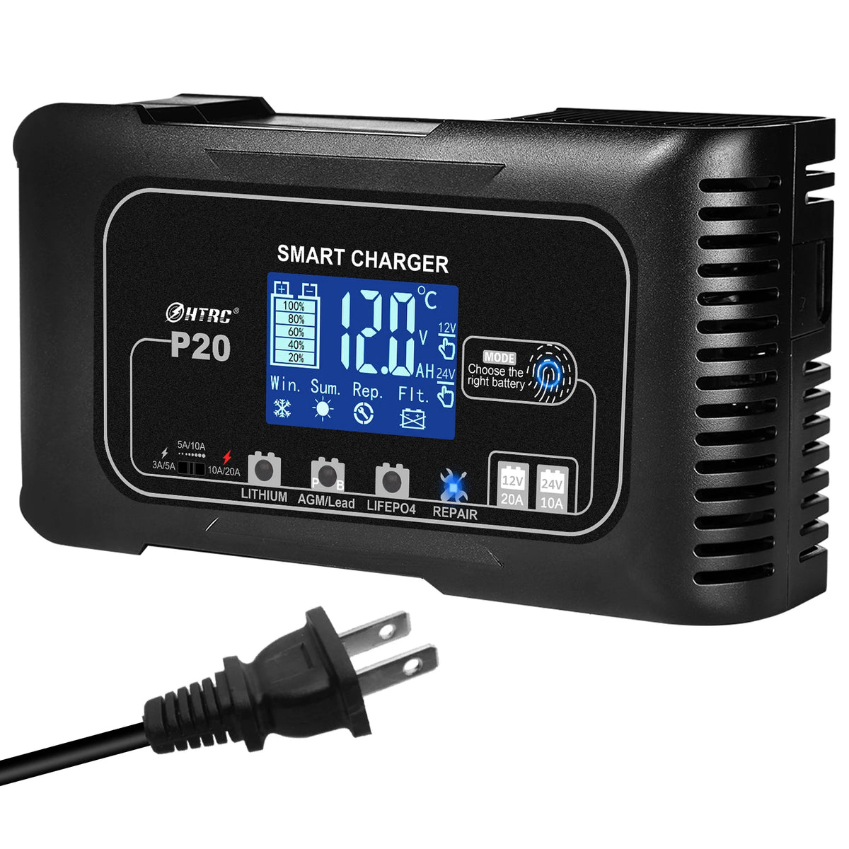 HTRC Automatic Car Battery Charger With Digital Display For Vehicles