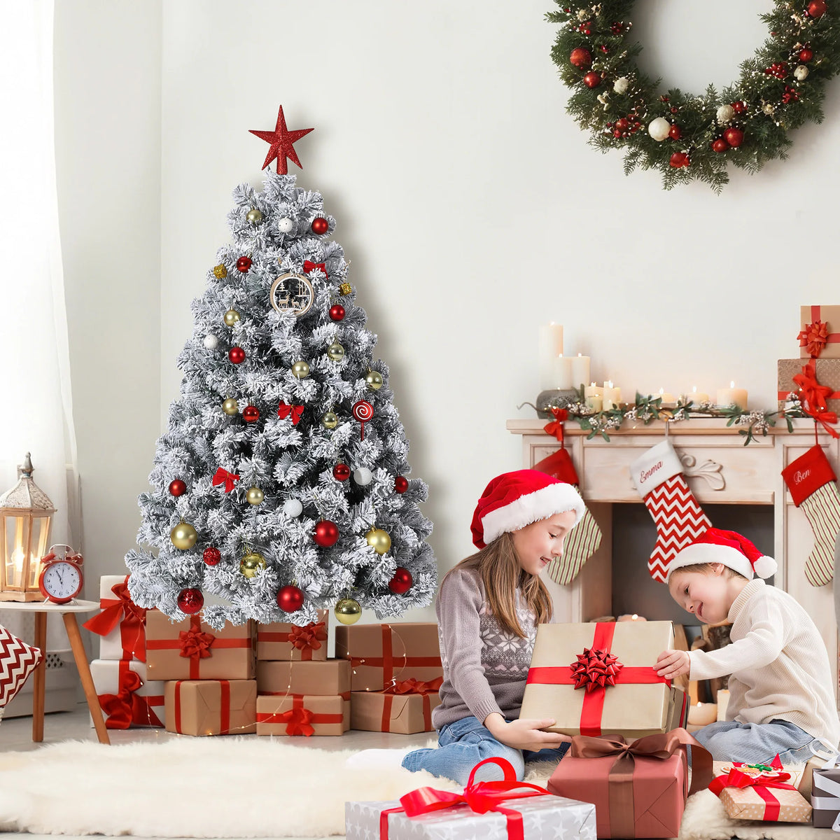 Garveelife Flocked Artificial Christmas Tree With Warm Lights