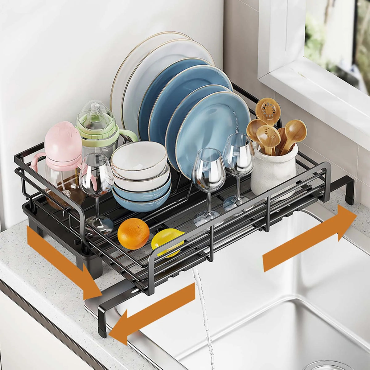 EliteZ Stainless Steel Extendable Dish Rack With Drainboard