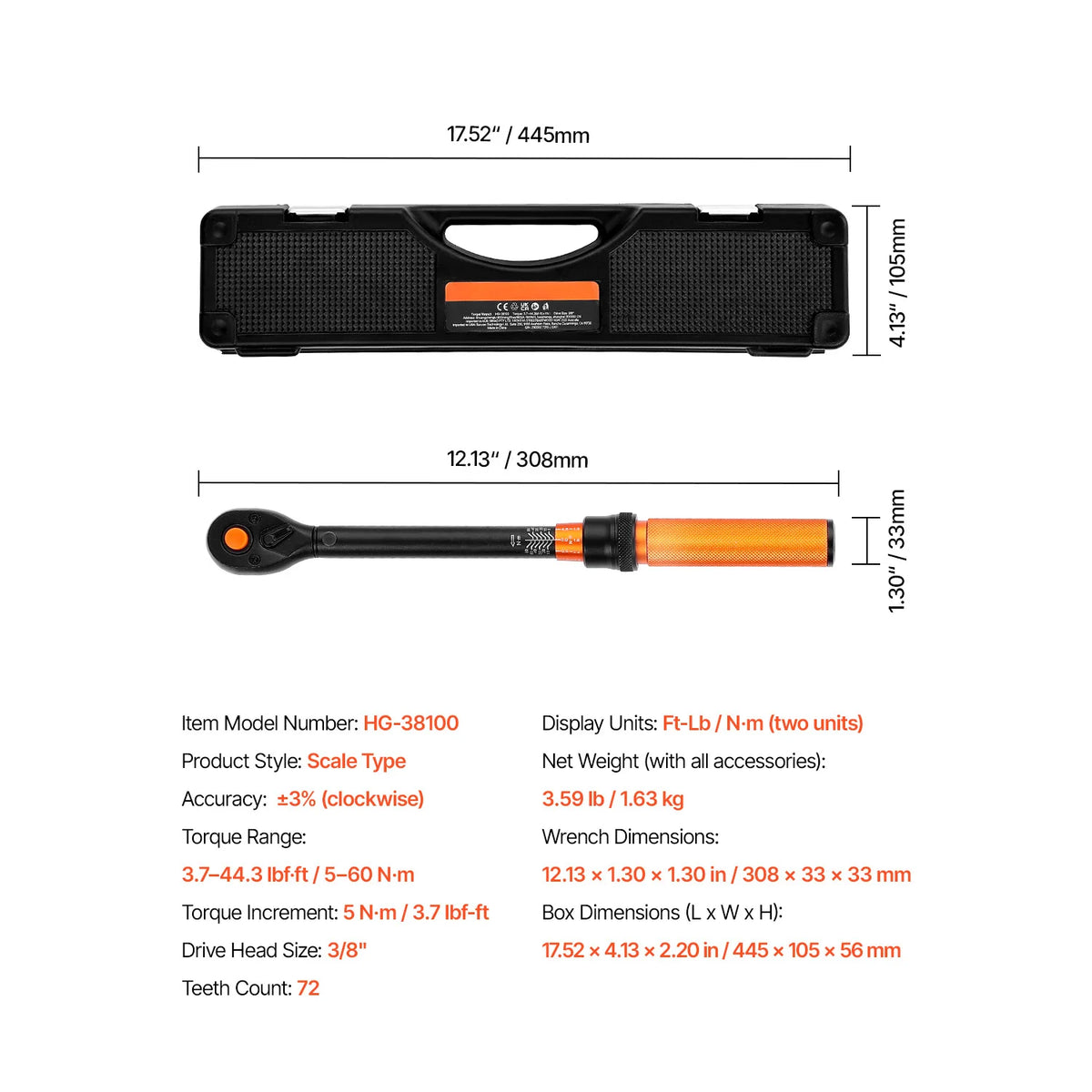 SucceBuy Dual Range Mechanical Torque Wrench Set For Metal Fasteners
