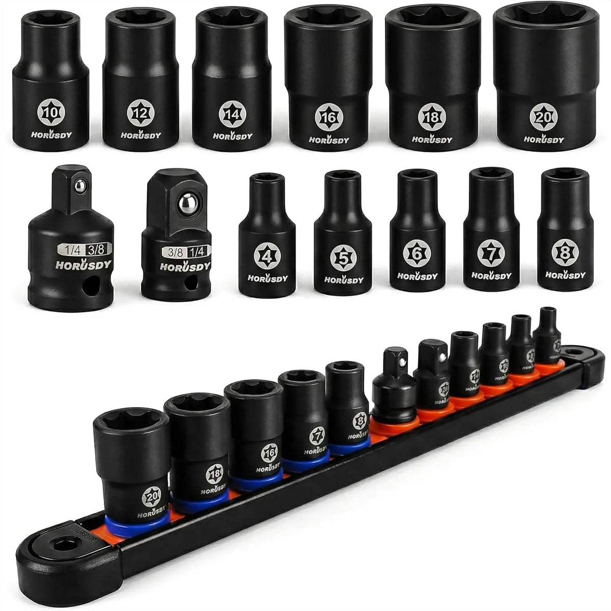13-Piece E-Torx Impact Socket Set With Storage Rail And Adapters