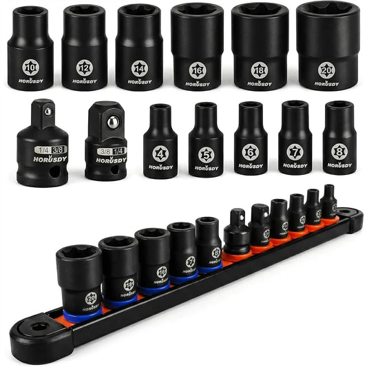 13-Piece E-Torx Impact Socket Set With Storage Rail And Adapters