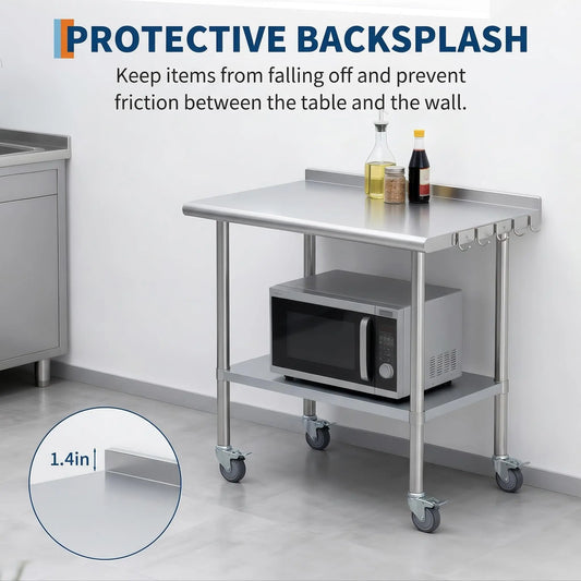 Stainless Steel Commercial Prep Table With Casters And Adjustable Undershelf
