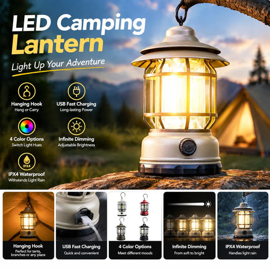 Stonego Rechargeable Led Retro Camping Lantern With Hanging Hook