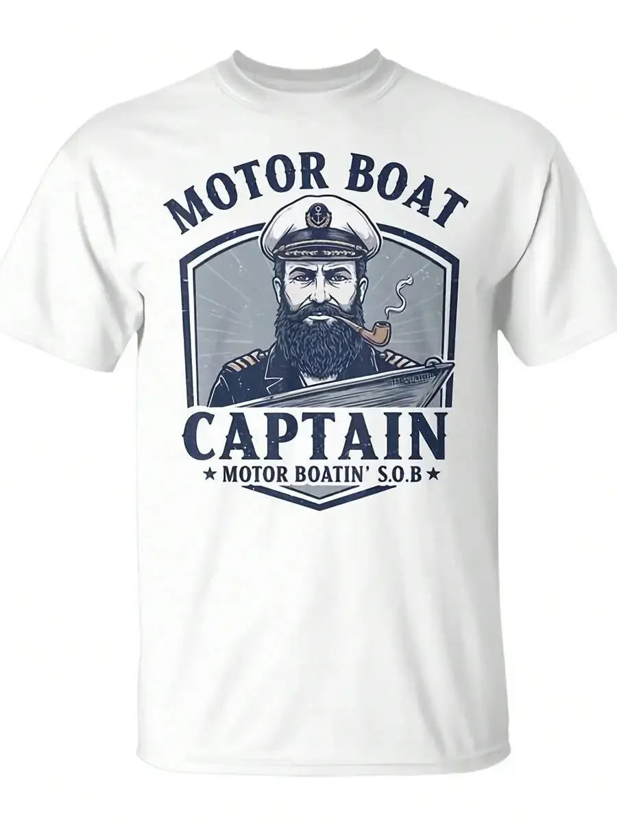 Mens Cotton Crew Neck Tee With Vintage Nautical Captain Graphic