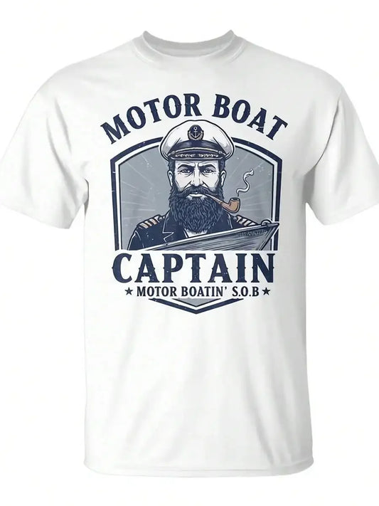 Mens Cotton Crew Neck Tee With Vintage Nautical Captain Graphic