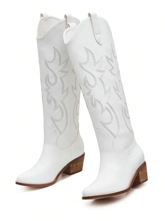 Women's Western Boots with Square Chunky Heel Embroidered Pointed Toe