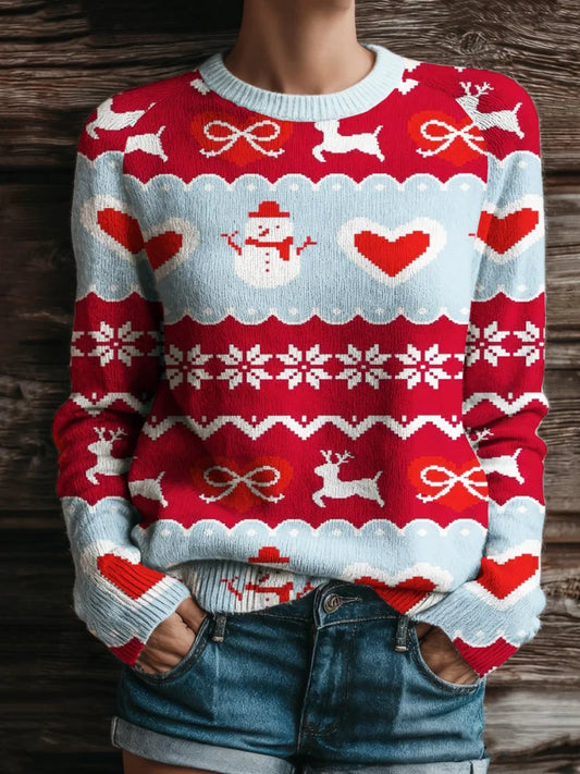 Women Christmas Sweater Reindeer Snowman Jacquare Knit Pullover Bow