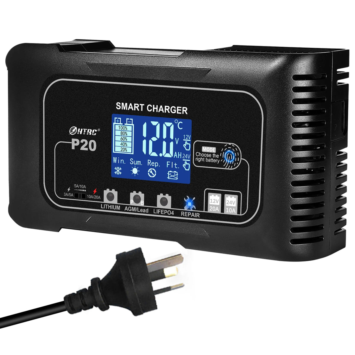 HTRC Automatic Car Battery Charger With Digital Display For Vehicles