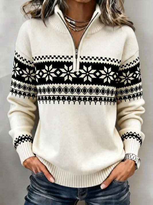 Women Snowflake Fair Isle Half Zip Mock Neck Sweater