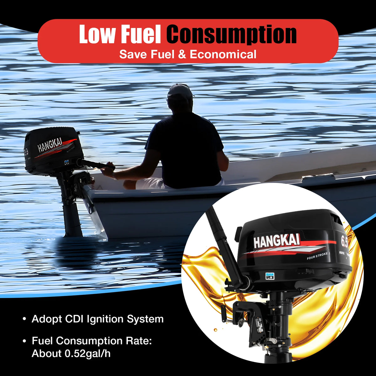 Bymaocar 6.5 Horsepower Gasoline Four Stroke Outboard Motor Short Shaft