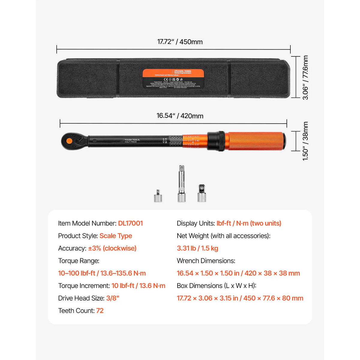 SucceBuy Dual Range Mechanical Torque Wrench Set For Metal Fasteners