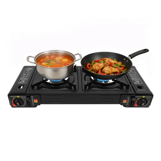 Portable Dual Burner Camping Gas Stove Featuring Adjustable Flame Control