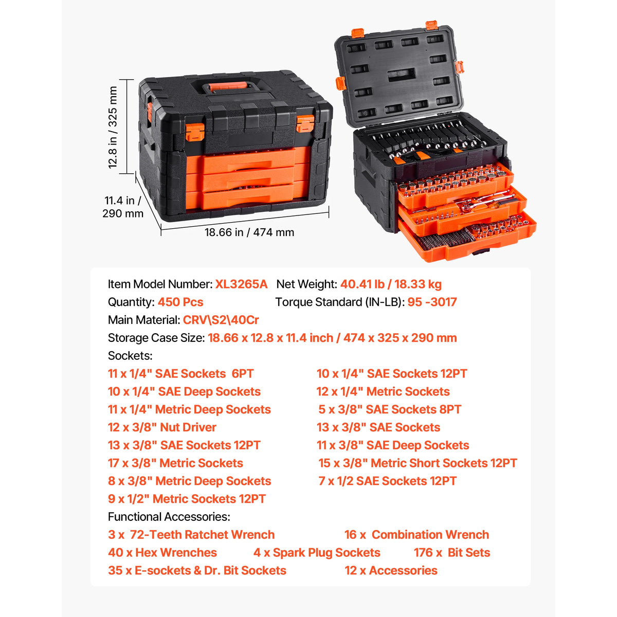Comprehensive 450 Piece Mechanics Tool Set With Sockets And Wrenches
