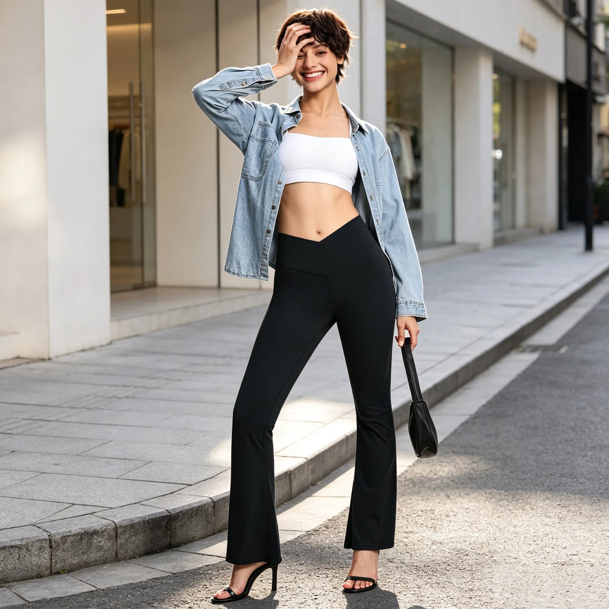 The Gym People Crossover High Waisted Flare Yoga Pants