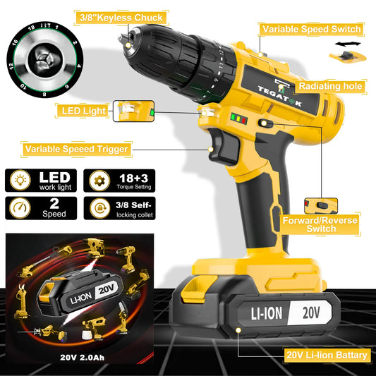 TEGATOK Cordless Electric Screwdriver With LED Light Dual Speed Drive