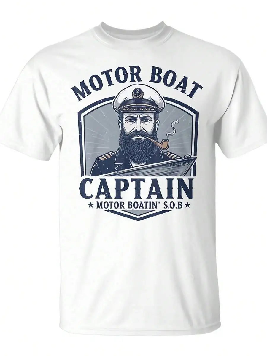 Mens Cotton Crew Neck Tee With Vintage Nautical Captain Graphic