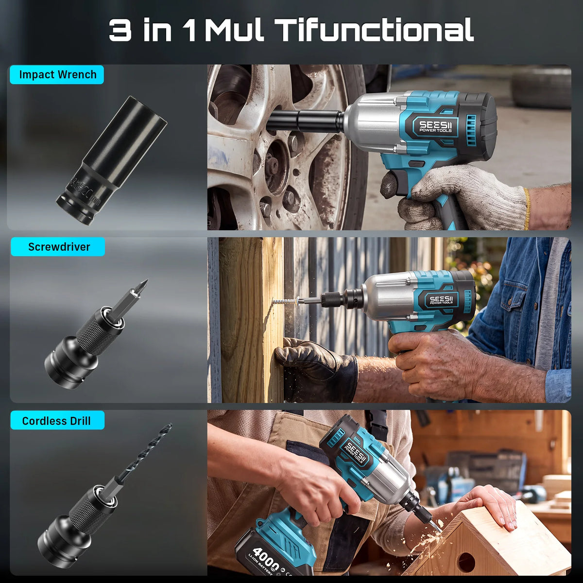 Seesii Cordless Impact Wrench And Brushless Drill Kit