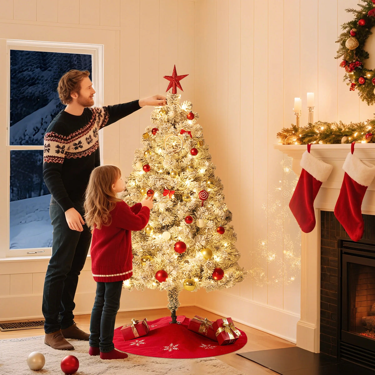 Garveelife Flocked Artificial Christmas Tree With Warm Lights
