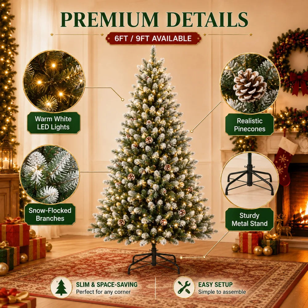 Anixol Pre Lit Flocked Artificial Christmas Tree With Led Lights