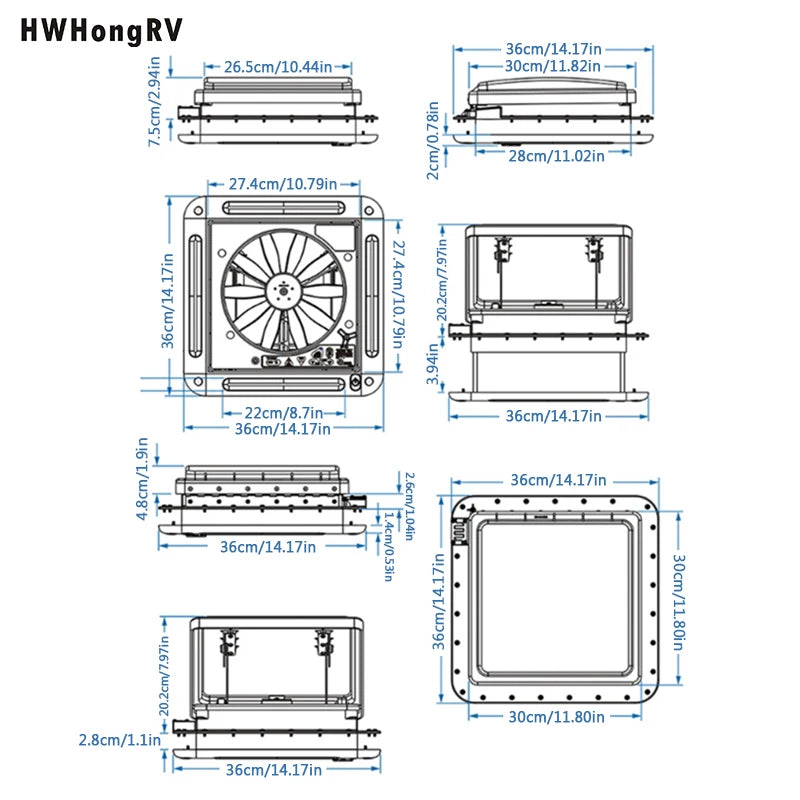 HWHONGRV 14"x14" RV Camper Roof Vent Fan, 12V 10-Blade Reversible Ventilation Fan with Smoke Cover, Manual Lift