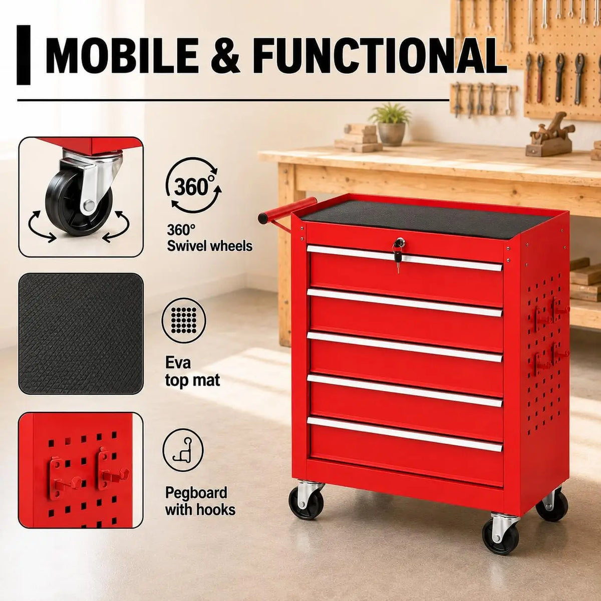 Tacleekii Rolling Steel Five Drawer Tool Chest With Secure Lock