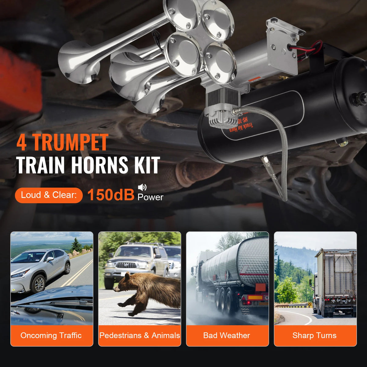 Four Trumpet Air Horn Kit With Compressor And Storage Tank