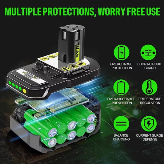 8.0Ah Replacement Battery for Ryobi 18V ONE+ Tools, with Indicator
