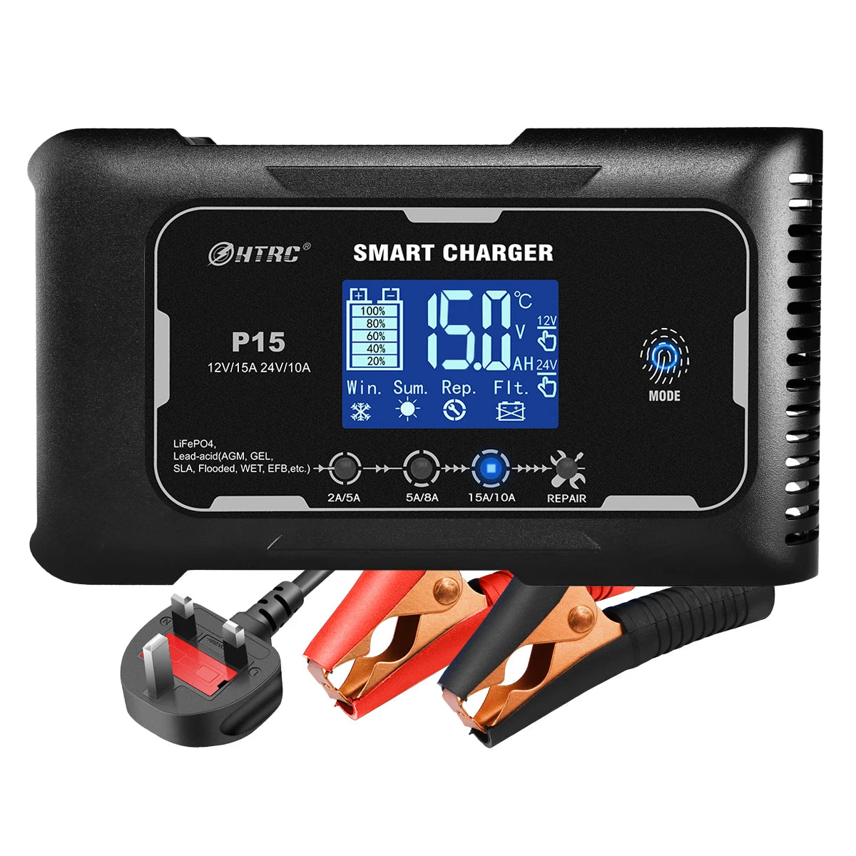 HTRC Automatic Car Battery Charger With Digital Display For Vehicles