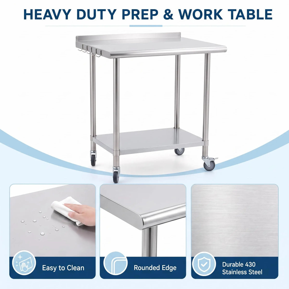 Stainless Steel Commercial Prep Table With Casters And Adjustable Undershelf