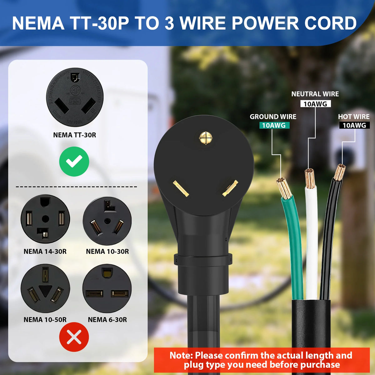 RV Replacement Power Cord with TT-30P Plug and Open End