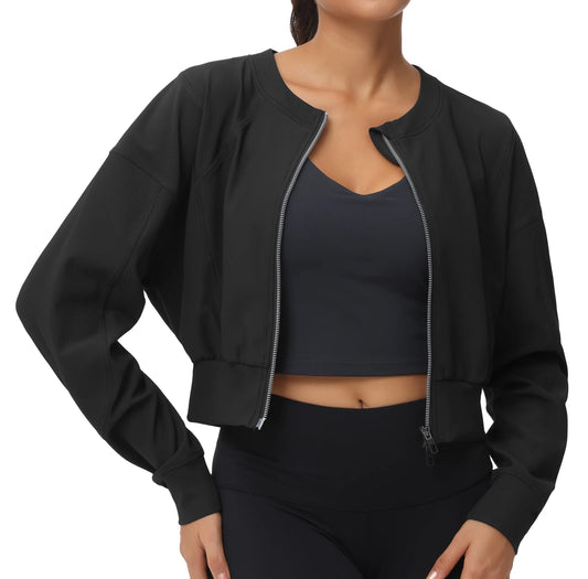 The Gym People Women Lightweight Ribbed Cropped Zip Jacket