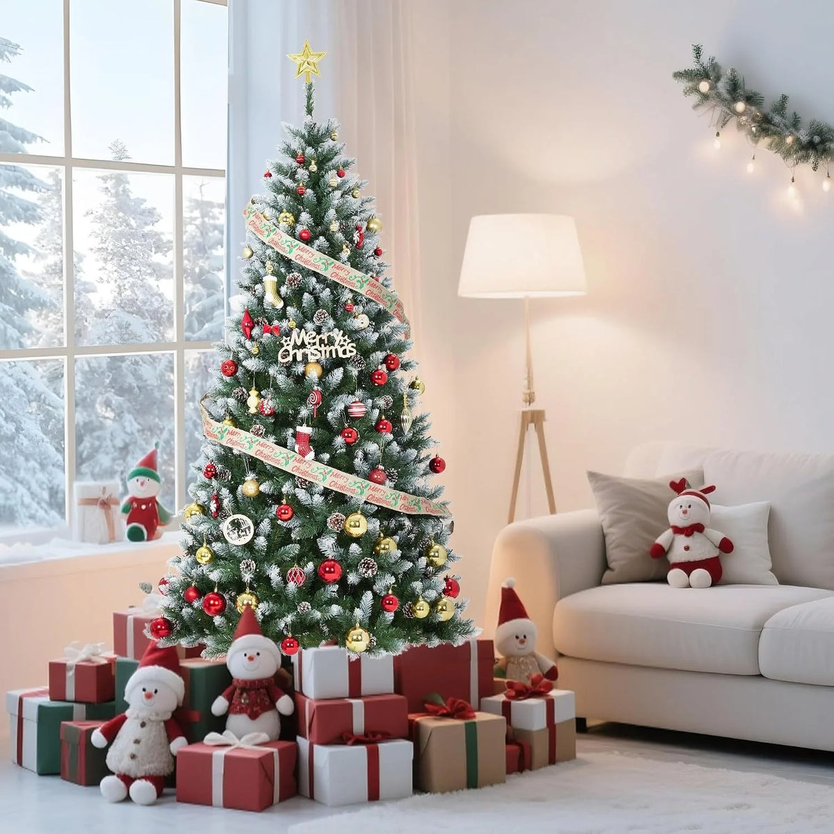 Anixol Pre Lit Flocked Artificial Christmas Tree With Led Lights